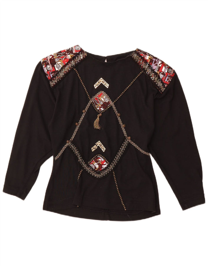 VINTAGE Ženska grafička majica dugih rukava UK 12 Srednje crni akril