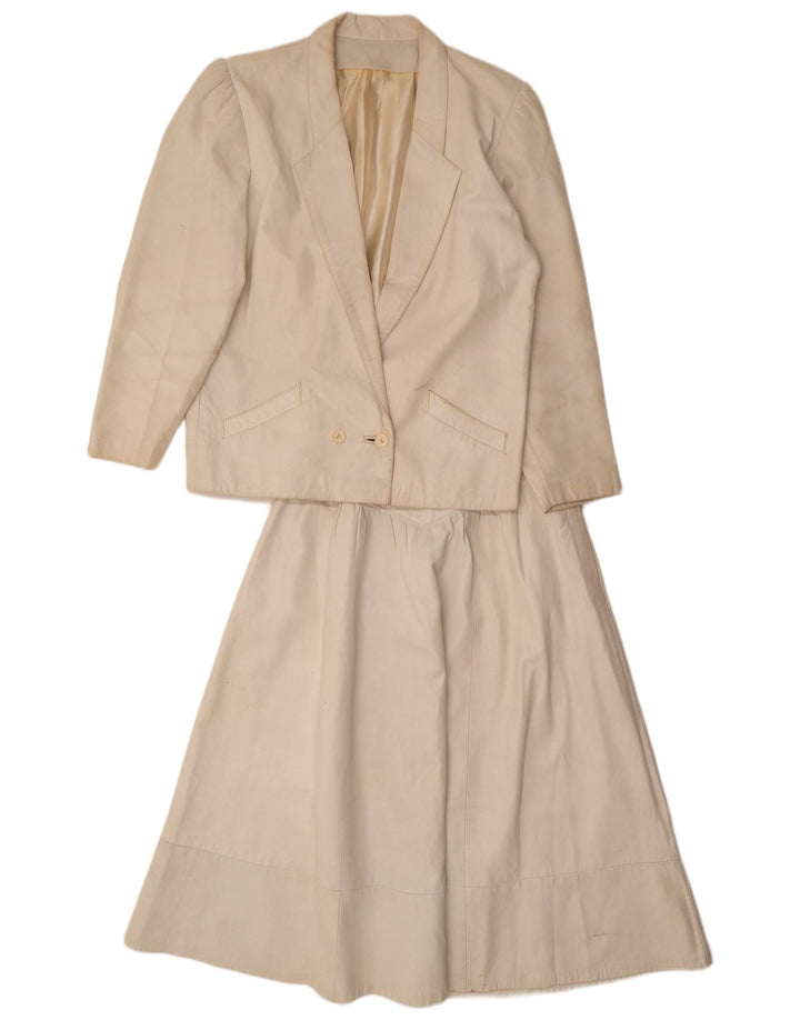 Vintage dvodijelni ženski kožni komplet suknji UK 12 srednje veličine W26 sivo bijeli