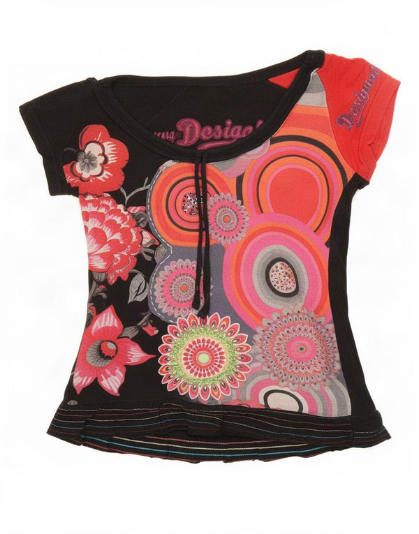 Desigual Womens Graphic T-Shirt Top UK 10 Small Black Floral Cotton