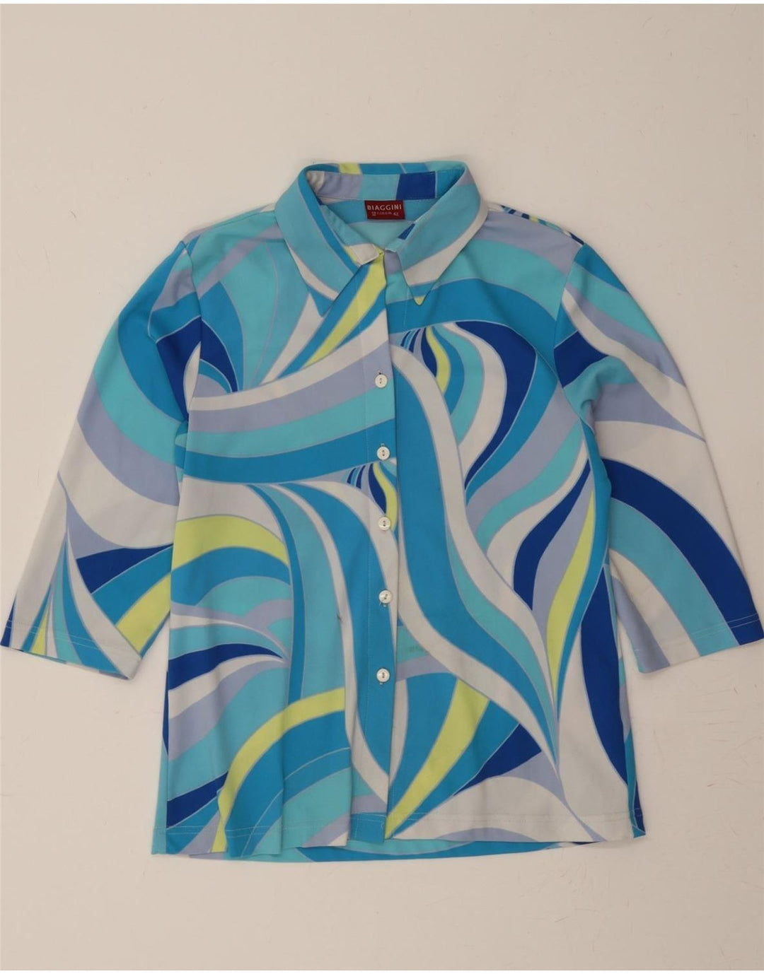 BIAGGINI Womens Abstract Pattern 3/4 Sleeve Shirt Blouse IT 42 Medium Blue Vintage Biaggini and Second-Hand Biaggini from Messina Hembry 