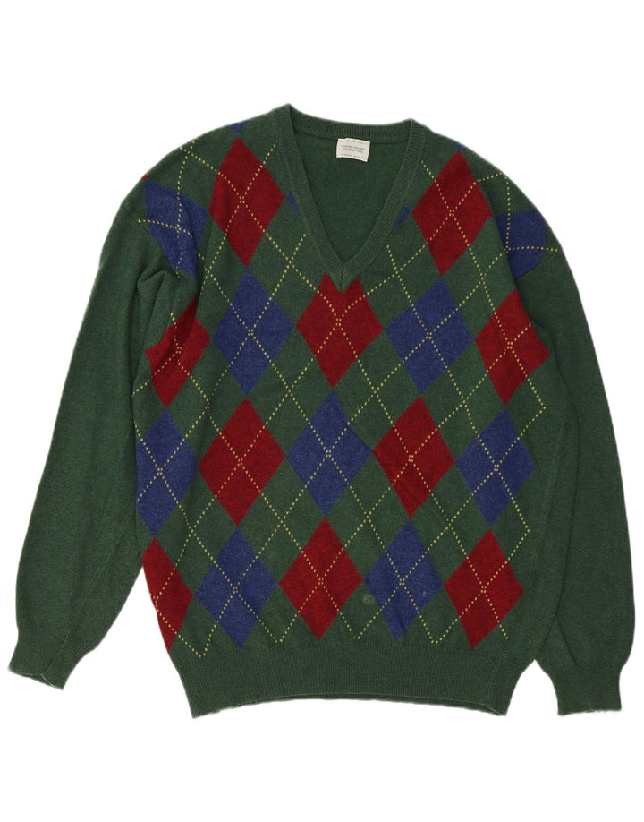 BENETTON Muški džemper s V-izrezom Srednje zeleni Argyle/Diamond Wool