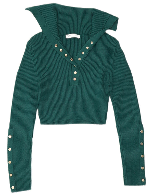 Zara ženski kratki pulover s polo izrezom UK 12 Srednje zelena viskoza