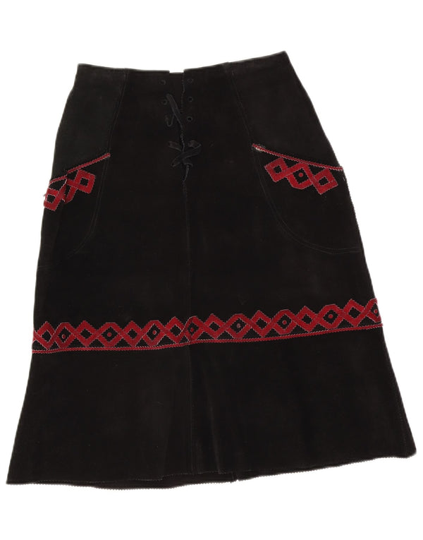Vintage Womens Suede Midi Skirt W28 Medium Black Geometric