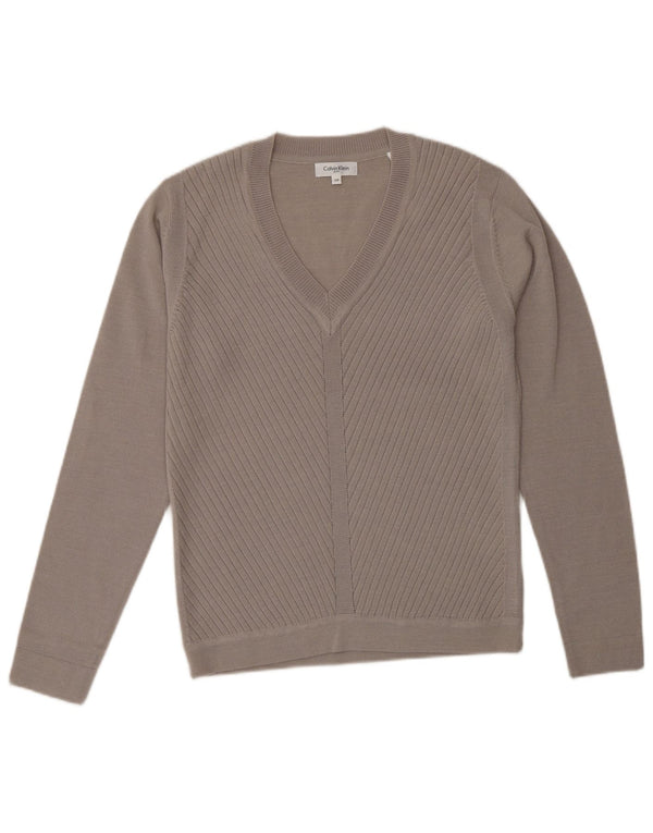 CALVIN KLEIN Ženski džemper s V-izrezom za golf UK 10 Mali bež vuneni