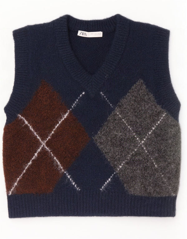 Zara ženski kratki prsluk bez rukava UK 10 Small tamnoplavi Argyle/Diamond