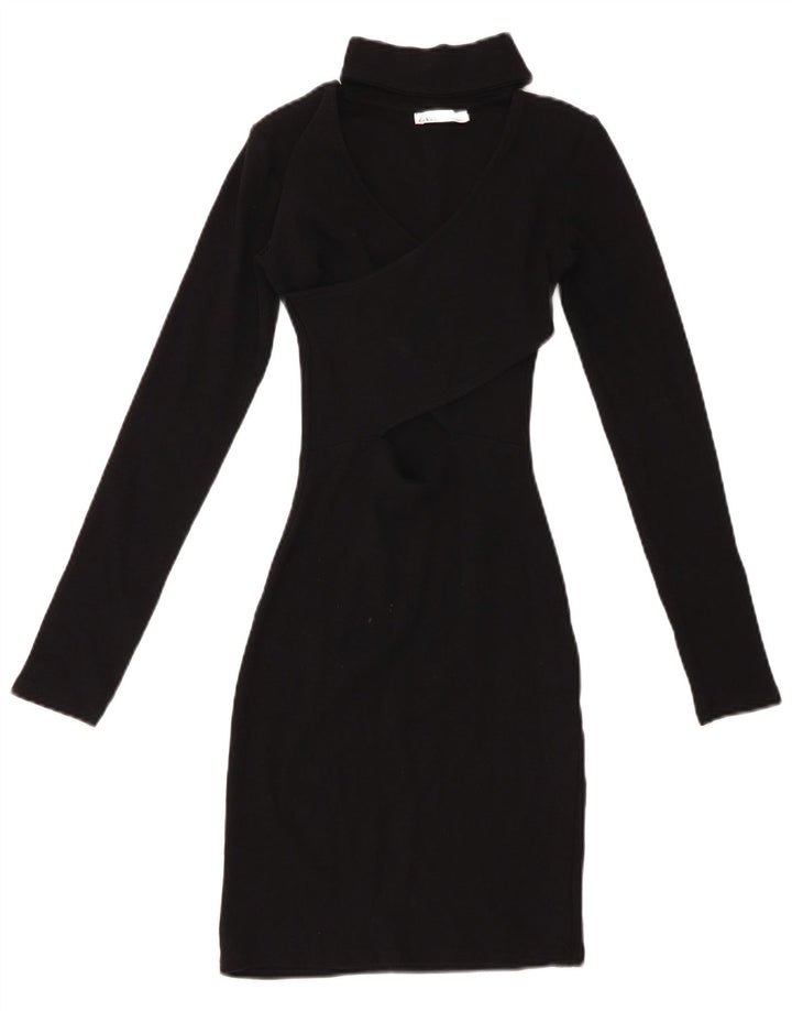 ZARA ženska haljina s dugim rukavima uz tijelo UK 8 Mala crna pamučna