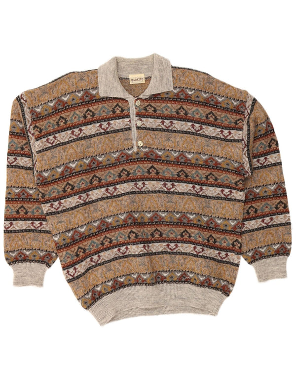 VINTAGE muški pulover s polo izrezom IT 52 Large Brown Fair Isle akril