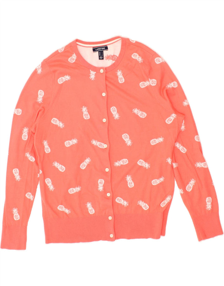 LANDS END Womens Abstract Pattern Cardigan Sweater UK 16 Large Red Cotton Vintage Lands End and Second-Hand Lands End from Messina Hembry 