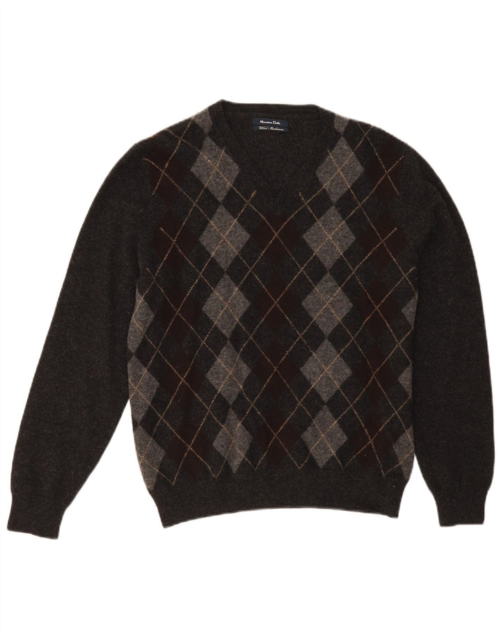 Massimo Dutti muški džemper s V-izrezom Srednje sivi Argyle/Diamond Wool