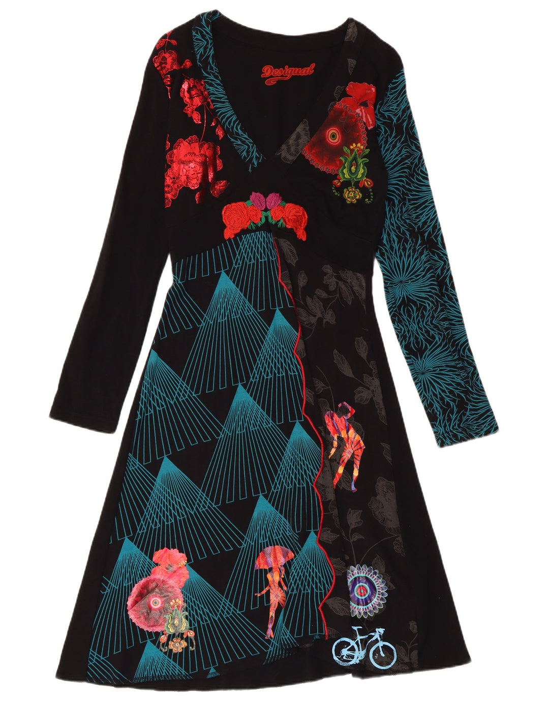 DESIGUAL Ženska grafička haljina A-kroja dugih rukava UK 18 XL crna cvjetna