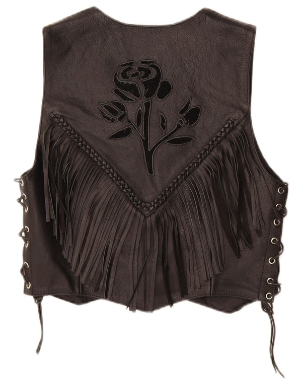 HELD Ženski kratki motociklistički prsluk UK 12 Srednja crna koža s cvjetnim uzorkom