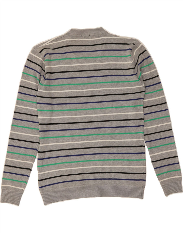 BENETTON Womens V-Neck Jumper Sweater UK 12 Medium Grey Striped Vintage Benetton and Second-Hand Benetton from Messina Hembry 