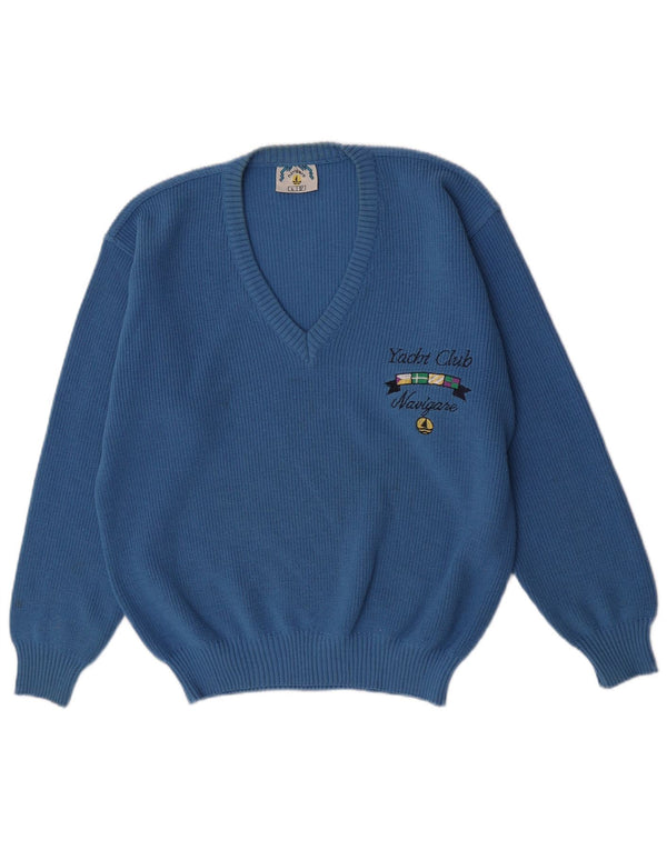 Navigare muški plavi vuneni džemper s grafičkim V-izrezom