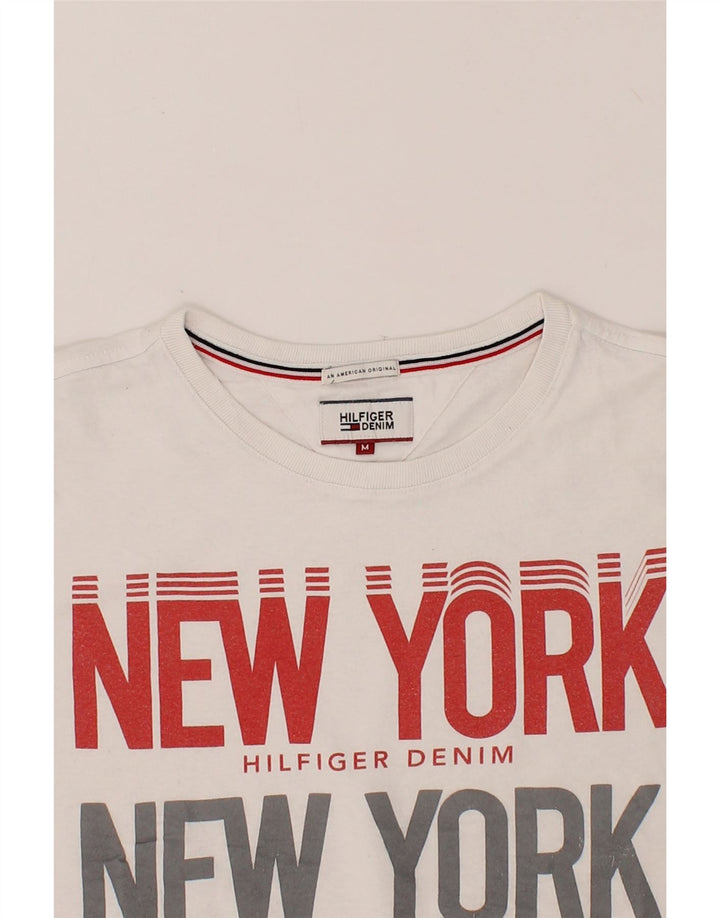 TOMMY HILFIGER Mens Graphic T-Shirt Top Medium White Cotton Vintage Tommy Hilfiger and Second-Hand Tommy Hilfiger from Messina Hembry 