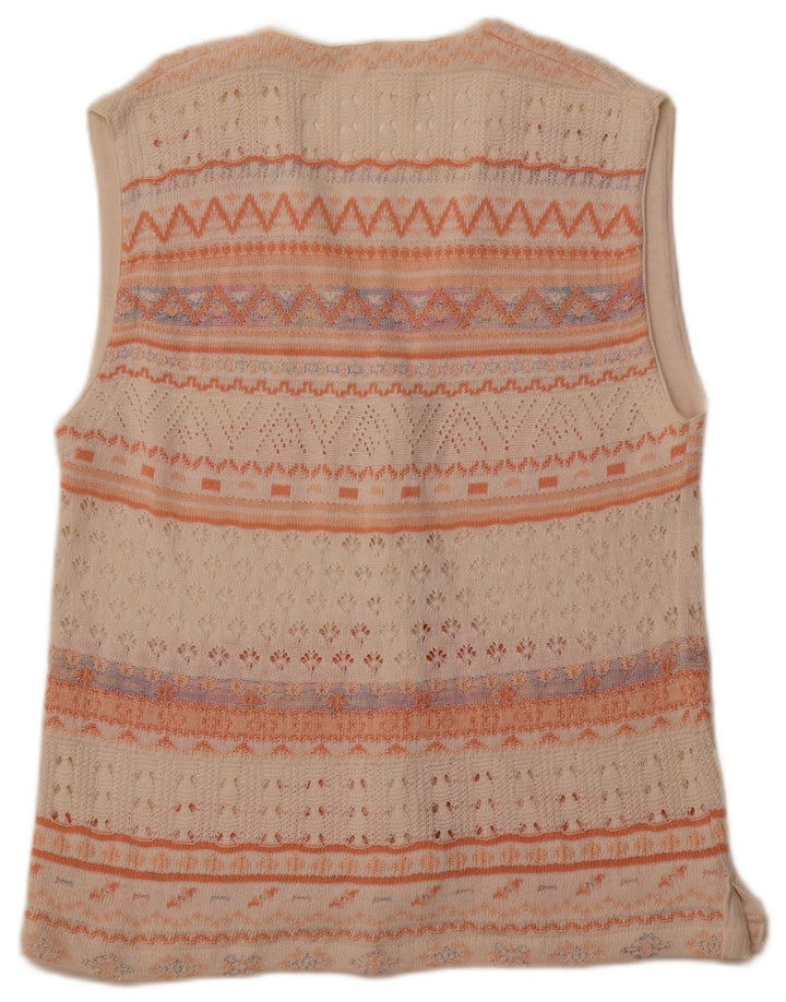 VINTAGE ženski kardigan pulover bez rukava UK 14 srednje bijele geometrije