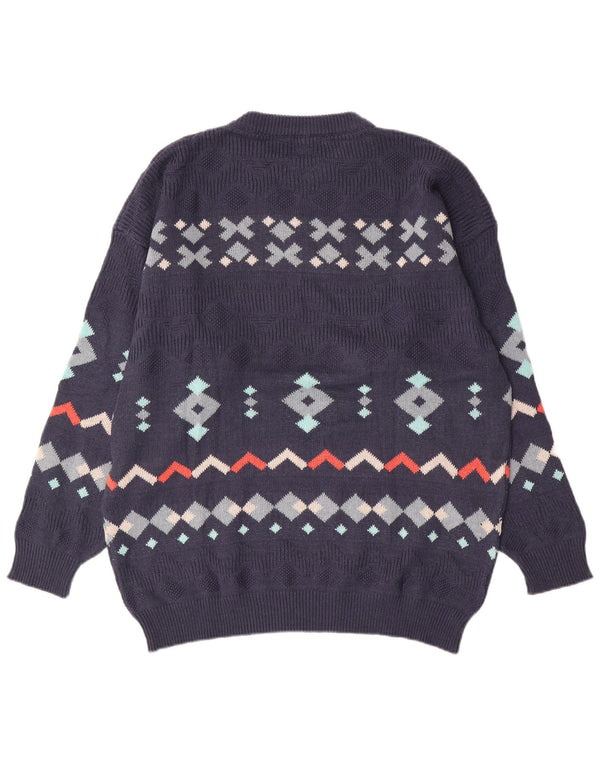 Vintage muški džemper s okruglim izrezom 2XL tamnoplavi geometrijski pamuk