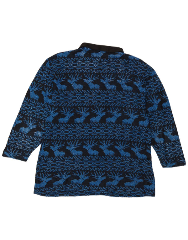 Vintage ženski džemper s polo ovratnikom UK 14 Veliki tamnoplavi Fair Isle