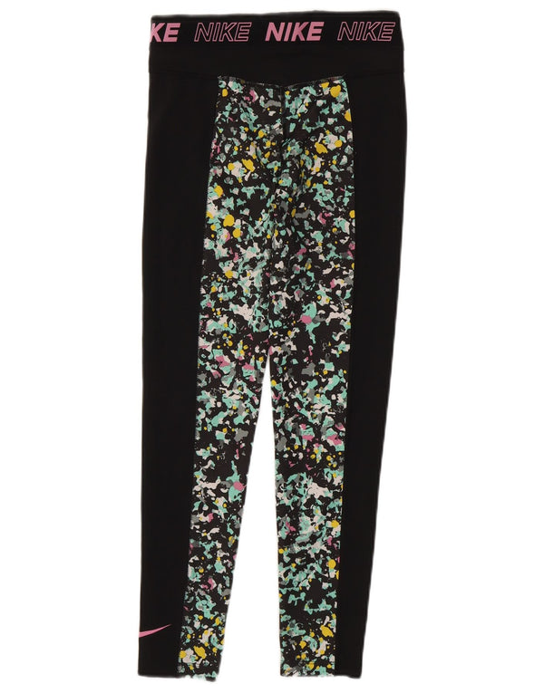 NIKE Girls Dri Fit Graphic Leggings 12-13 Years Large Black Spotted