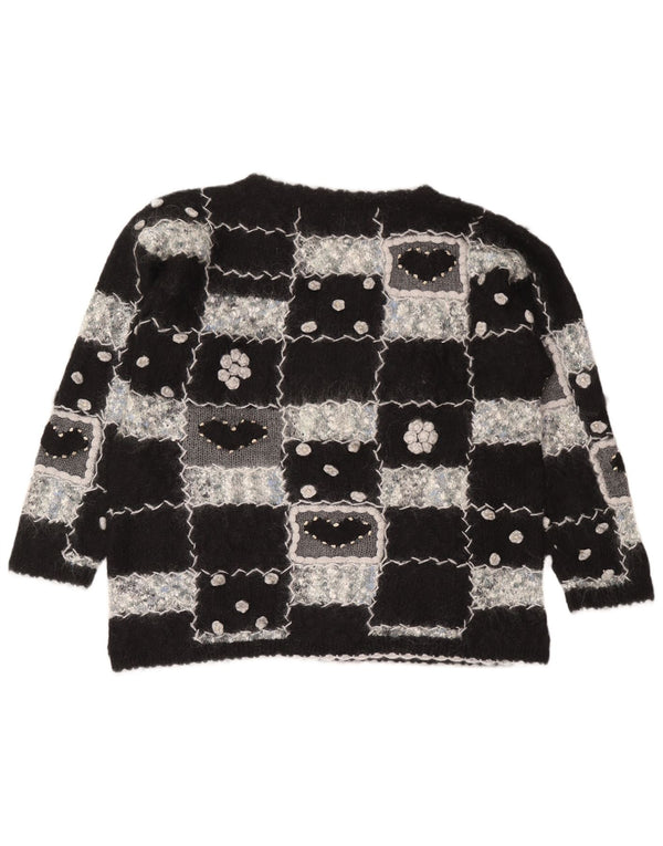 Vintage ženski džemper s morskim izrezom UK 16 Veliki crni geometrijski moher
