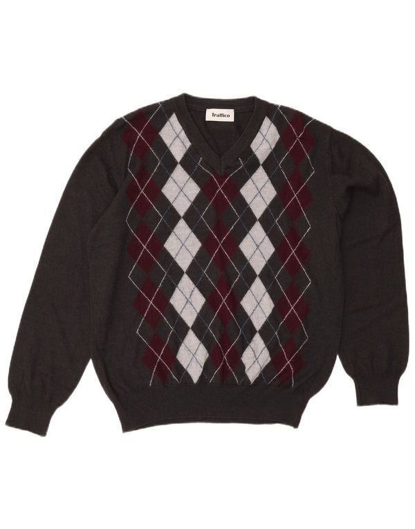 Vintage muški džemper s V-izrezom XL Siva Argyle/Dijamantna vuna