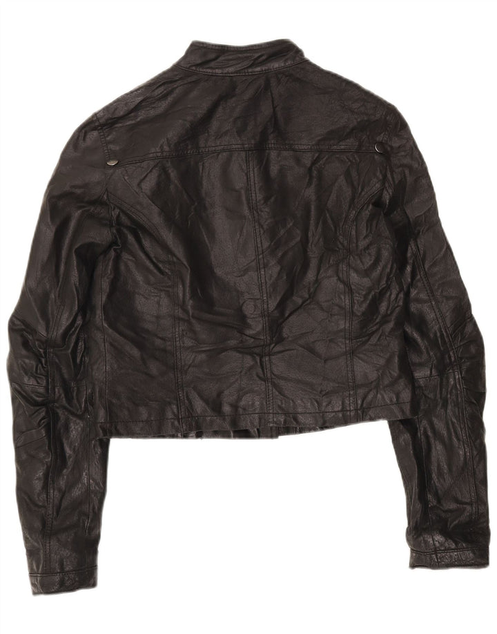 LAURA SCOTT Womens Oversized Crop Biker Jacket EU 34 XS Black Leather