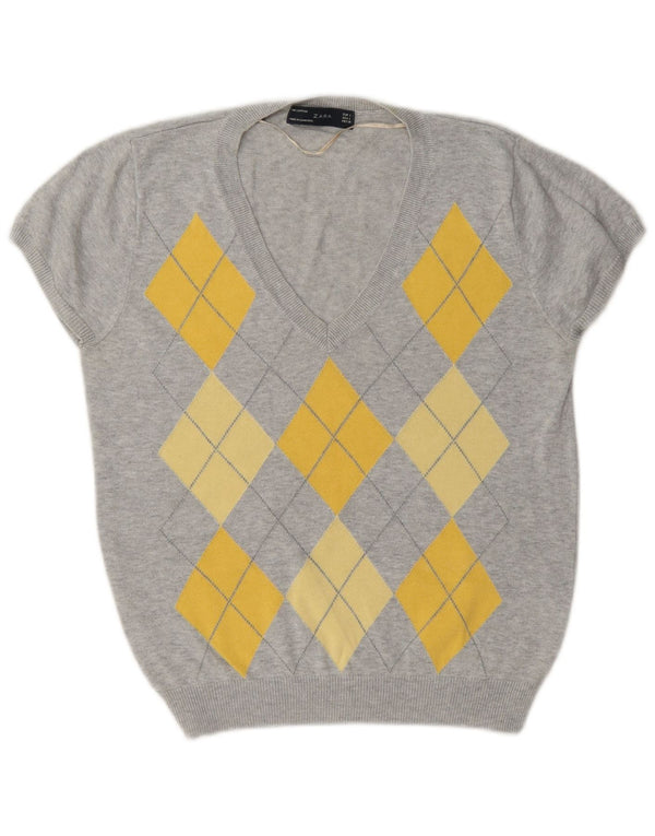 Zara ženski džemper s V-izrezom UK 14 Large Gray Argyle/Diamond