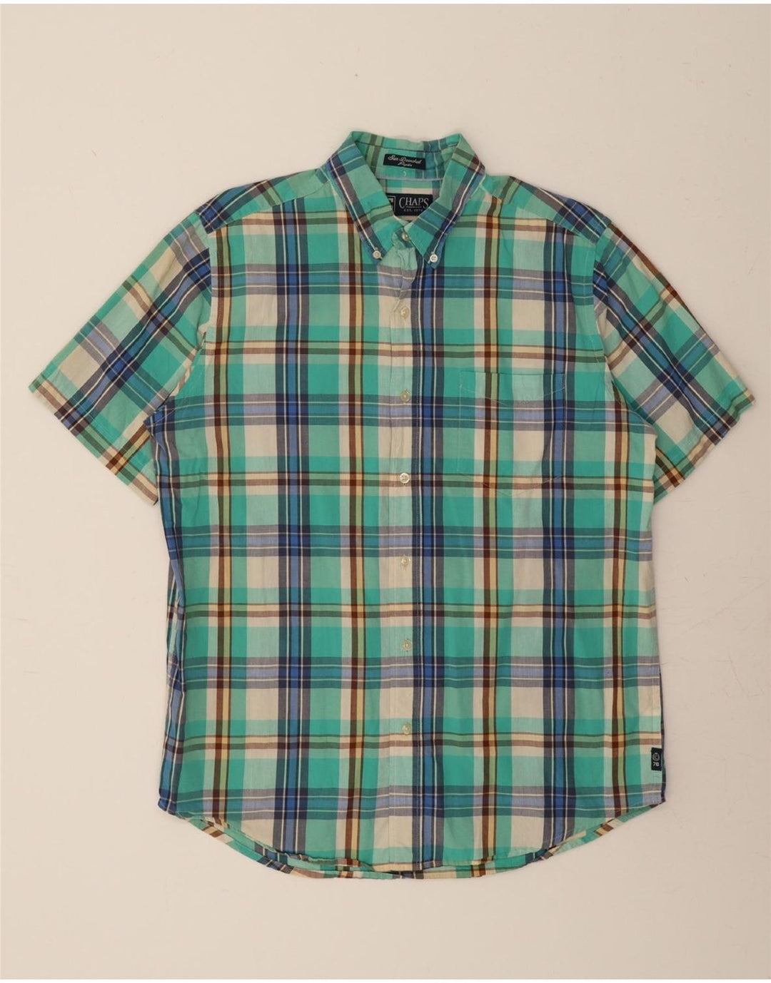 CHAPS Mens Short Sleeve Shirt Medium Green Check Cotton Vintage Chaps and Second-Hand Chaps from Messina Hembry 