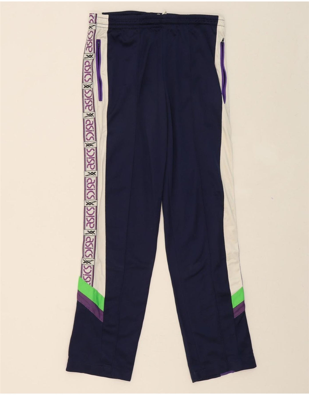 ASICS Mens Graphic Tracksuit Trousers Medium Navy Blue Colourblock Vintage Asics and Second-Hand Asics from Messina Hembry 