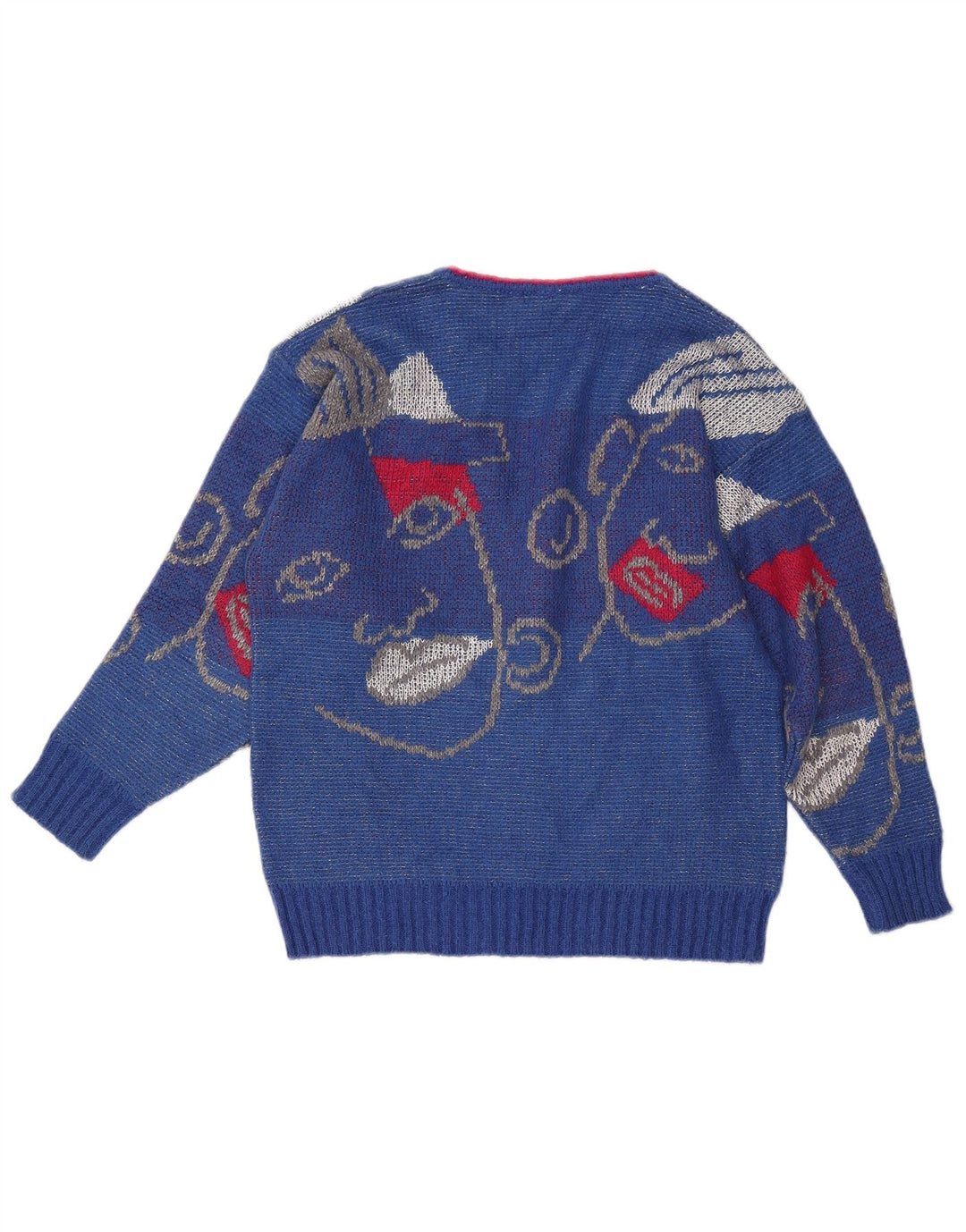 VINTAGE ženski džemper s grafičkim V-izrezom UK 16 Veliki plavi