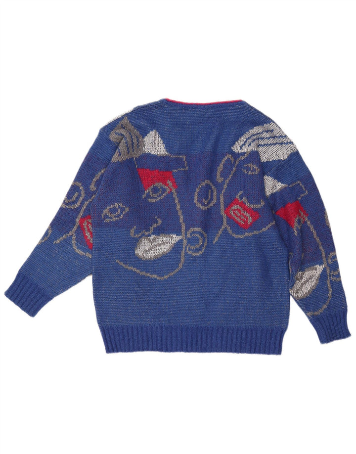 VINTAGE ženski džemper s grafičkim V-izrezom UK 16 Veliki plavi