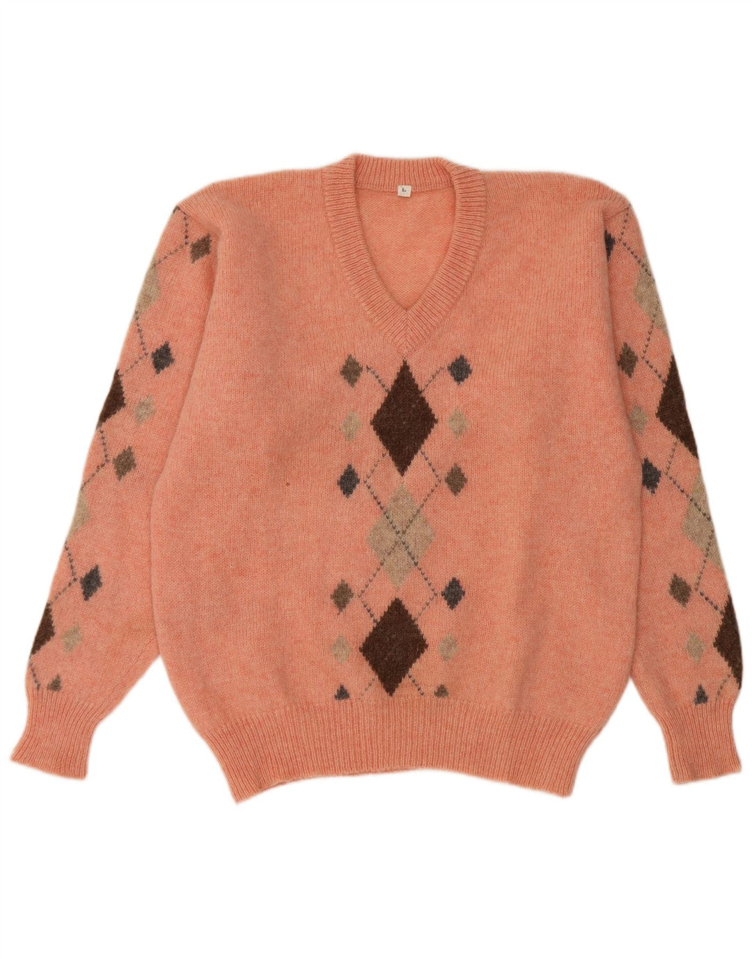 Vintage muški džemper s V-izrezom Veliki narančasti Argyle/Diamond