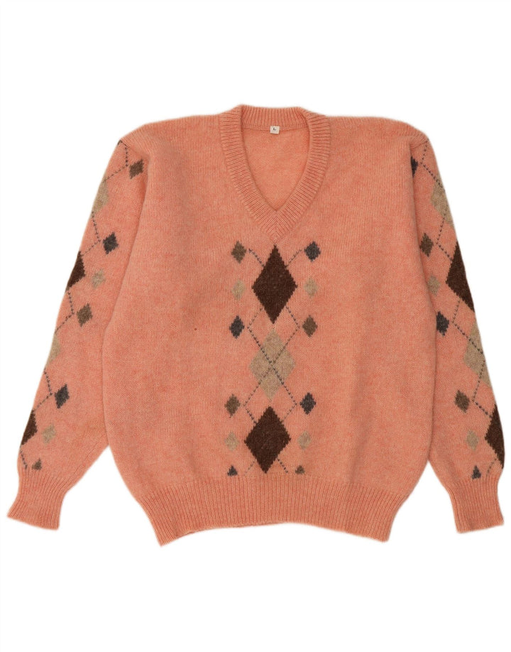 Vintage muški džemper s V-izrezom Veliki narančasti Argyle/Diamond