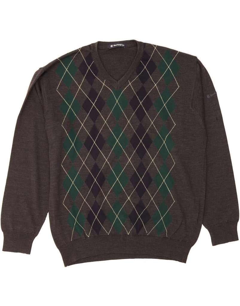BURLINGTON Mens V-Neck Jumper Sweater IT 54 XL Grey Argyle/Diamond Wool Vintage Burlington and Second-Hand Burlington from Messina Hembry 