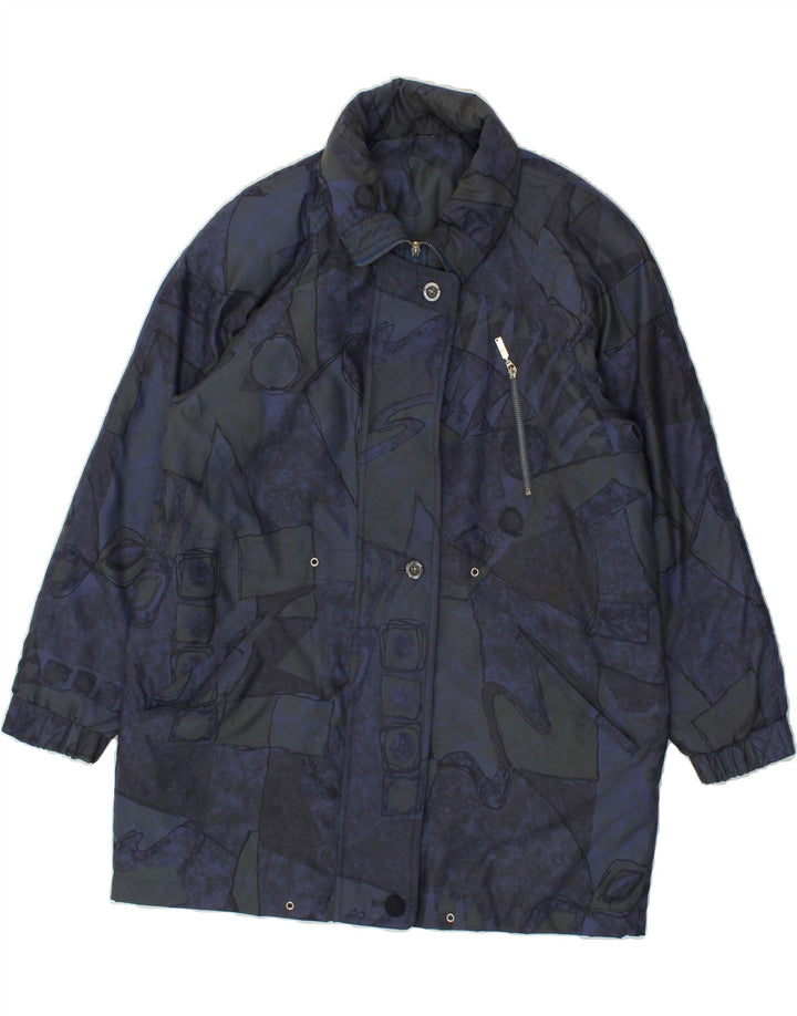 VINTAGE Womens Abstract Pattern 3/4 Sleeve Overcoat UK 14 Large Navy Blue | Vintage Vintage | Thrift | Second-Hand Vintage | Used Clothing | Messina Hembry 