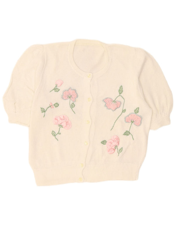 Vintage ženski kardigan džemper kratkih rukava UK 16 Large White Floral
