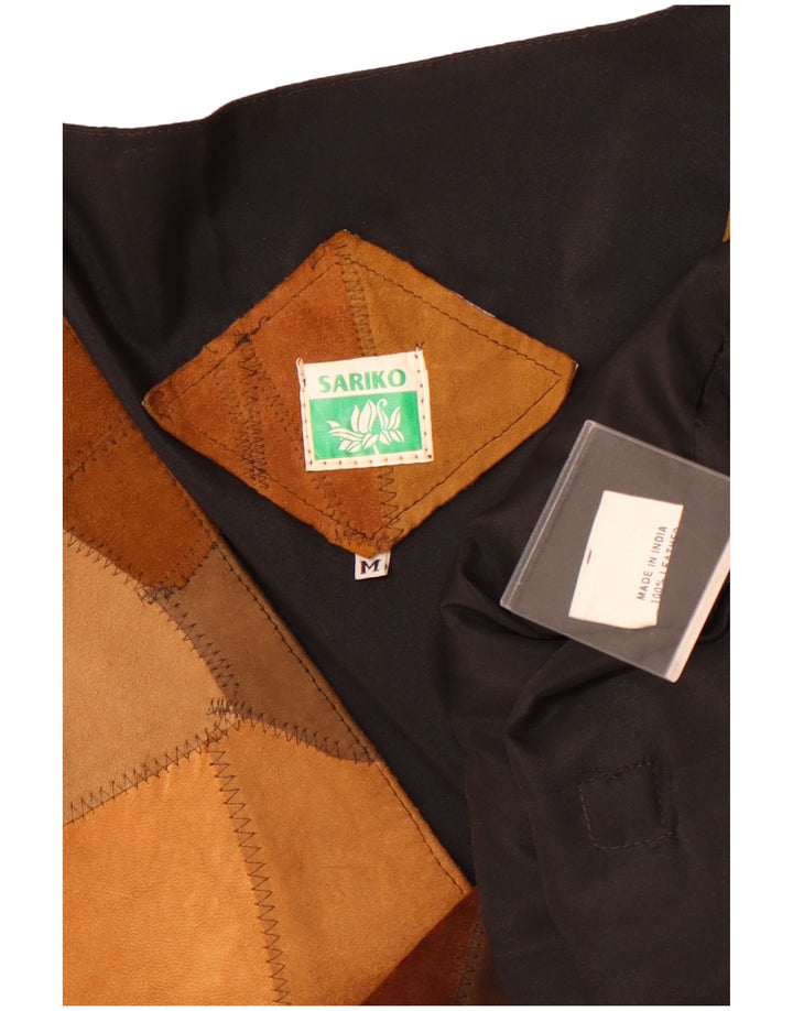 Vintage ženski prsluk od brušene kože UK 14 srednje smeđe patchwork kože