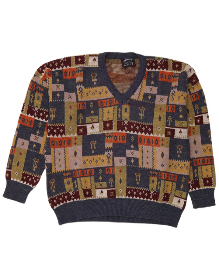Vintage muški džemper s V-izrezom, veliki raznobojni patchwork