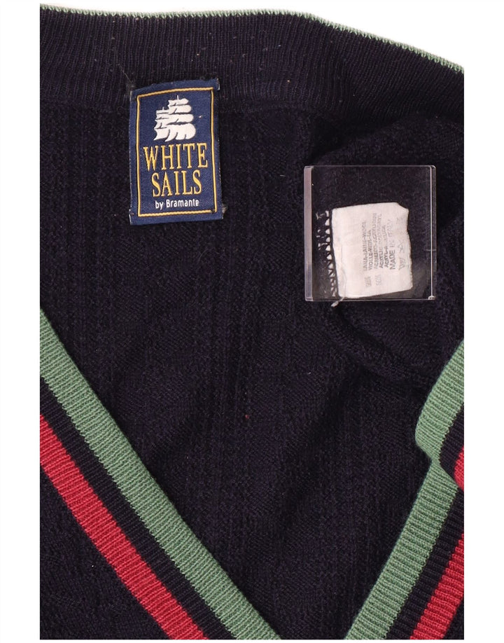 Bijeli muški kardigan pulover srednje tamnoplave vune na pruge, klasični