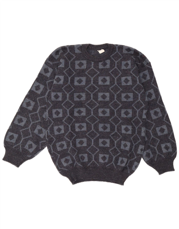 Vintage muški džemper s okruglim izrezom srednje sivi geometrijski akril