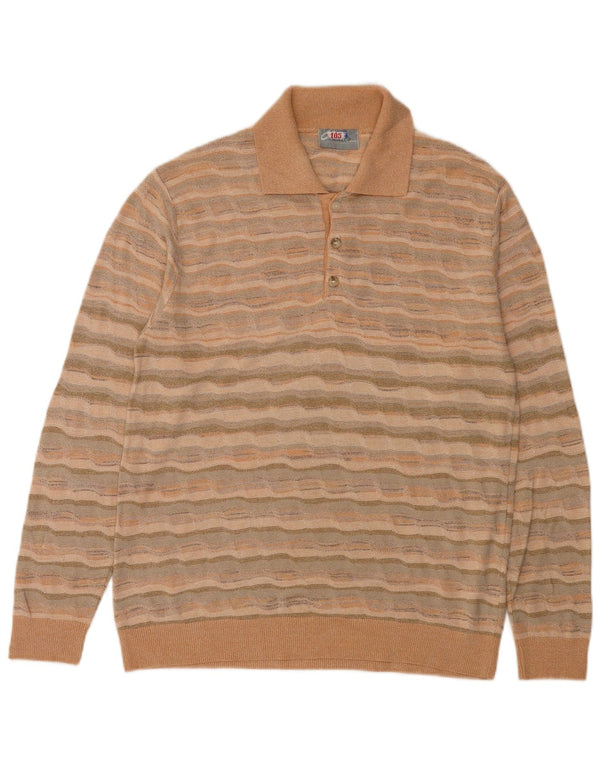 Vintage Mens Polo Neck Jumper Sweater Medium Orange Striped Acrylic