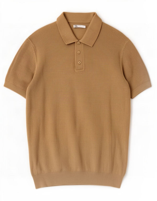 Zara muški pulover kratkih rukava s polo izrezom, srednji kaki pamuk