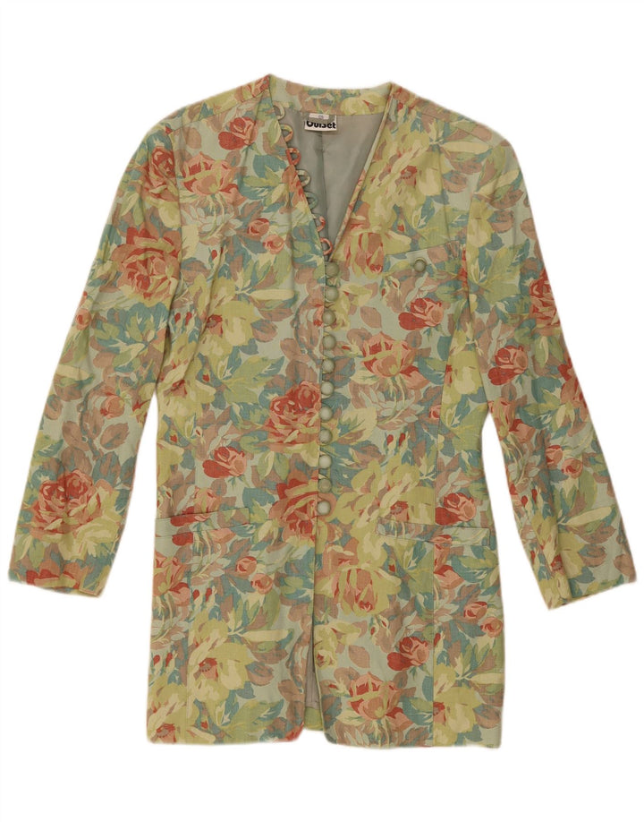 OUI SET Womens Longline Blazer Jacket EU 36 Small Green Floral Linen