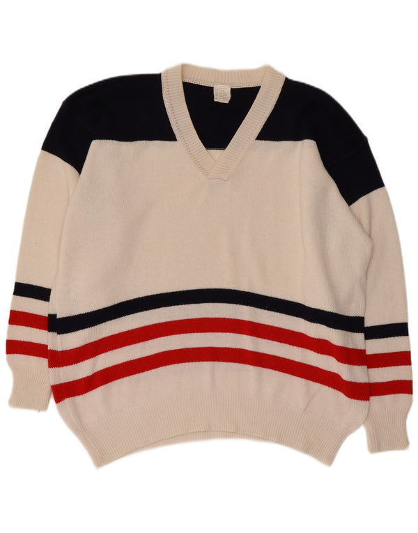 Vintage Mens V-Neck Jumper Sweater XL White Colourblock Cotton