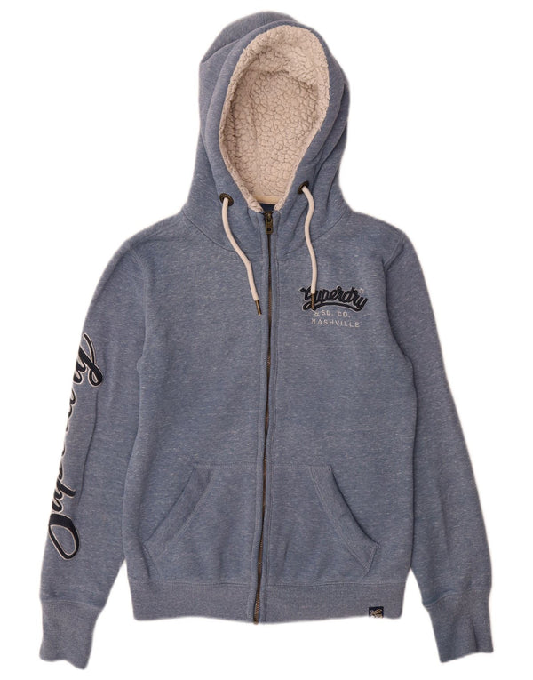 Superdry ženski pulover s kapuljačom s patentnim zatvaračem UK 8 Mali plavi pamuk s flekama