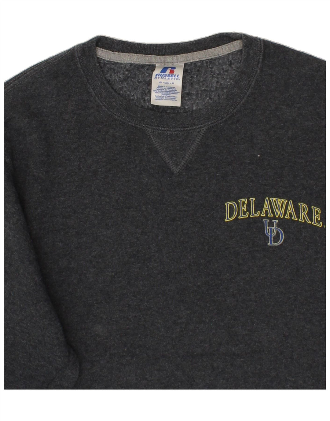 RUSSELL ATHLETIC Mens Delaware Graphic Sweatshirt Jumper Small Grey Cotton Vintage Russell Athletic and Second-Hand Russell Athletic from Messina Hembry 
