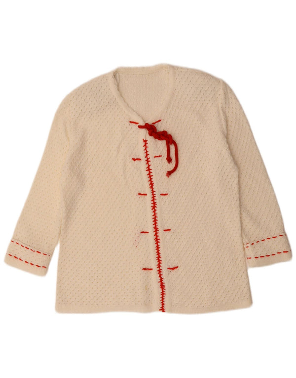 VINTAGE ženski heklani džemper s V-izrezom 3/4 rukava UK 12 Srednje bijeli