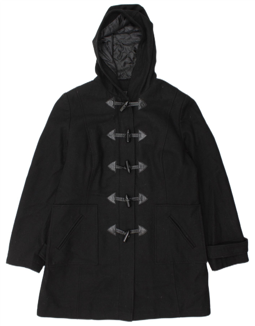 Vintage ženski duffle kaput s kapuljačom UK 14 velika crna vuna