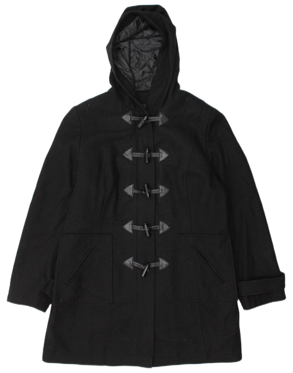 Vintage ženski duffle kaput s kapuljačom UK 14 velika crna vuna