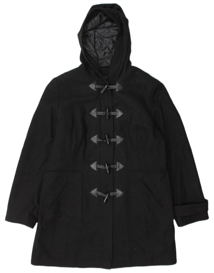 Vintage ženski duffle kaput s kapuljačom UK 14 velika crna vuna