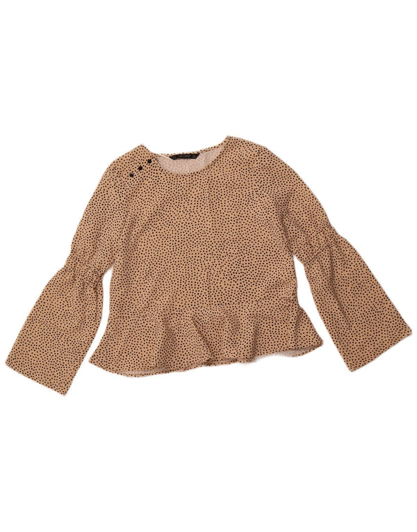 ZARA ženski gornji dio bluze dugih rukava UK 10 Mali bež točkasti poliester